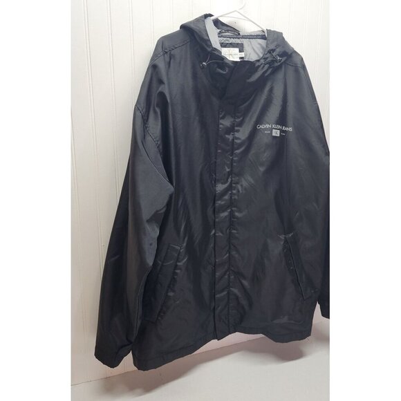 Calvin Klein Jeans Black Hooded Jacket XXL Lightweight Nylon Coat With Logo Prin - Picture 2 of 16